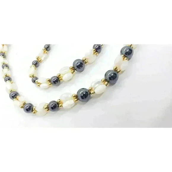 Hematite & Mother Of Pearl Necklace Bracelet Set Gold Bead Cluster Accents - Picture 7 of 9